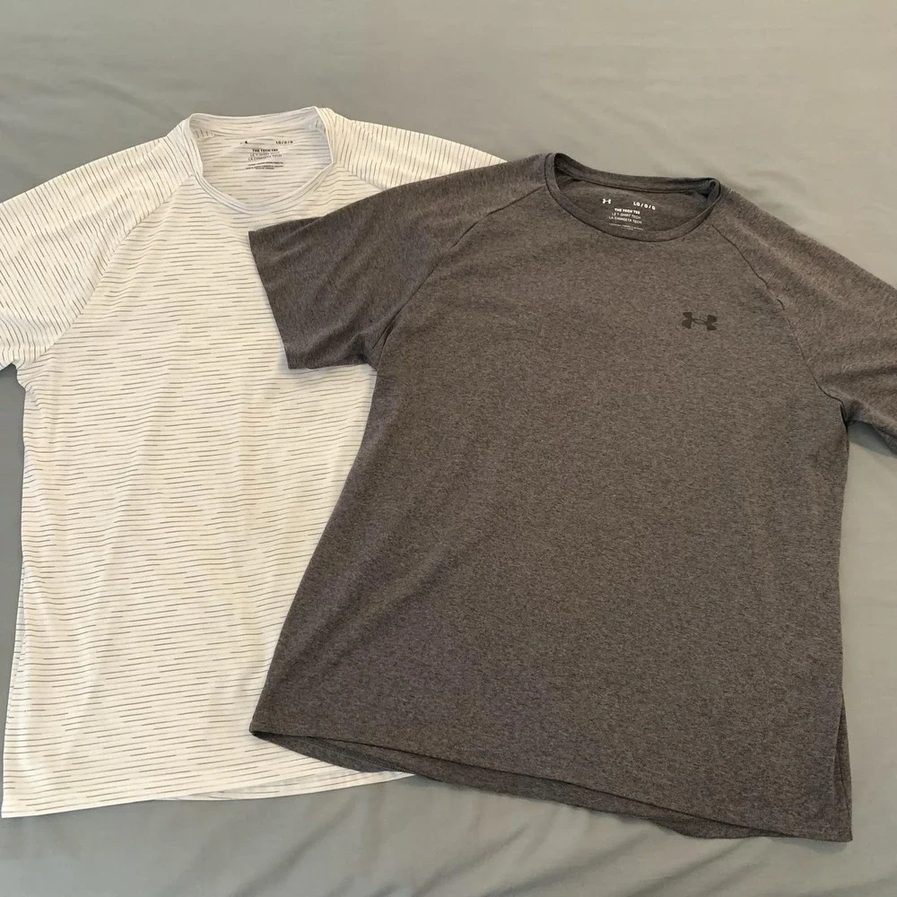 Under Armour Shirt Lot 2 Mens Large Gray White Tech Tee Active T-Shirt Gym